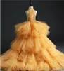 Gold Tulle Girl's Pageant Dress Birthday Party Dress Hi-Lo Sequin Beads Flowers Girl Princess Dress Fluffy Kids First Communion Dresses