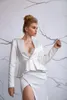 Sexy Eva Lendel Wedding Dresses V Neck Long Sleeves High Side Split Lace Satin Bridal Gowns Sweep Train A Line Wedding Dress Vestidos