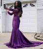 Purple Black Girls Prom Dresses Mermaid Backless Długie Rękawy Illusion Bodice Lace Aplikacja Plus Size Custom Made Evening Party Suknie