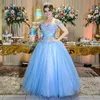 Vestido de 15 Anos Azul Ball Vestido Off Ombro Appliques Quinceanera Vestidos com Grânulos Long Blue Tulle Girls Party Dress