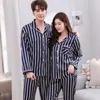 Bzel Silk Satin Pyjamas Set Par Sleepwear Striped Pijama Femme Långärmad Pyjamas älskare Kläder Casual Home Wear