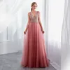 2024 Långa aftonklänningar dammiga rosa formella balklänningar kvällskläder sexig pärlstävling klänning