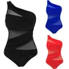 Plus Size Damen Einteiler Mesh Bandage Bikini Bademode One Shoulder Push Up Monokini Badeanzug Badeanzug XL XXL Beachwear ROT