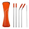 Reusable Stainless Steel Straw Set Straight Bent Straw Cleaning Brush 6pcs / Set Juice Straw with Travel Neoprene Storage Bag