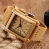 Creative Rectangle Dial Wood Watch Natural Handmade Light Bamboo Fashion Men039S Casual Quartz Wristwatch Leather Band Gift2114372