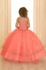 Coral Crystals Beaded Girls Pageant Klänningar 2020 Ärmlösa spets Organza Flower Girl Klänningar Korsett Back pageant klänningar för tonåringar