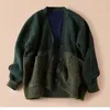 Suéter cárdigan Vintage de lana y Mohair verde suelto para mujer, abrigo de gran tamaño con bolsillos dobles y cuello de pico de manga larga para otoño e invierno