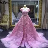 Летние вечерние платья со съемным шлейфом прозрачная шея 3D аппликации vestido кружева платье выпускного вечера Cap рукава низкая задняя молния вечерние платья