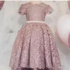 Dusty Pink Flower Girls' Dresses High Low Train Tulle Lace Applique Pearls Scalloped Jewel Neck Birthday Pageant Party Gown 2020 New
