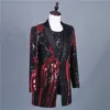 Nouveau brillant noir rouge paillettes Long manteau Costume vestes marée mâle chanteur hôte Performance Costume scène paillettes spectacle Blazers pardessus S-3XL