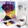 4 Pcs Home African Girl Shower Curtain Bath Mat Toilet Pad Set Bathroom Toilet Anti-slip Creative Pattern Carpet Flannel Bath Mats