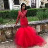 Kırmızı Yüksek Boyun Sheer Uzun Kollu Mermaid Gelinlik Modelleri Siyah Gilrs için Tül Dantel Aplike Abiye Örgün Parti Elbise robe de soiree