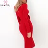 مثير المرأة bodycon ميدي اللباس طويل النفخة كم عميق الخامس الرقبة القوس قلم رصاص فساتين أزرار نحيل اللباس الأنيق للمكاتب السيدات