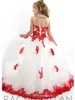 2019かわいい白と赤の女の子のページェントのドレス高品質のチュールアップリケ床の長さの長い特別な日のドレスの花の女の子のドレス