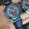 Quartz Movement Chronograph Watch Men Blue Skeleton Dial Rubber Band male Watch Sport Watches Montre Homme334C