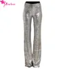 Beste minnaar Sequin Broek Vrouwen Sparkle Metallic Maxi Dames Zilveren Hoge Taille Lange Wide Been PantsClub Wear Stage Dance LC77143 Y190701