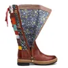 Heißer Verkauf- Frauen Vintage Mid-Calf Boots böhmischen Retro echte Lederschuhe gedruckt Patchwork Reißverschluss Lace Up Rainbow Stiefel