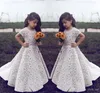 Flower Girl Dresses Off the Shoulder Lace Appliqued Girls Pageant Dresses Bow Ribbon Kids Formal Wear Girls Party Dresses