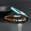 New Genuine Cowhide Leather Bracelet Men With 8mm Faceted Stone Beads Stainless Steel Bangle Embedded Clasp Bracelets For Women