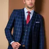 Blue Glen Plaid Mens Suit Handsome 3 Pezzi Groom Wear Per Wedding con risvolto risvolto Best Men Abiti formali Prom Party smoking