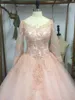 2019 Light Pink Long Sleeves Quinceanera Dresses Applique Tulle V Neck Lace Up Back Evening Prom Sweet 16 Birthday Party Ball Gown