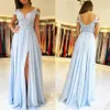 2023 Baby Blue Lace Appliqued A-line Bridesmaid Dress Chiffon Side Split Wedding Guest Gown Plus Size Prom Evening Party Dress