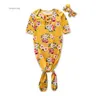 眠っている寝袋ヘッドバンドセット花の花反キック服ロンパース新生児半袖結び付きパジャマセットホームウェアスリーウェアB7005