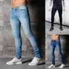 Slim Fit Ripped Jeans Men Hi-Street Mens Denim Denim Denim Joggers Rodilla Lavado Jeans Destruido 11037 Ropa Azul