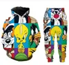 Mężczyźni/kreskówka damska Looney Tunes Funny 3D Print TrackSuits Crewneck Hip Hop Bluza i spodnie 2 szt. Zestaw Hoodies TZ012