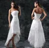 Sexy A Line Wedding Dresses Strapless Lace Appliques High Low Little White Ivory Lace Up Back Beach Short Bridal Gowns Vestidos De Novia