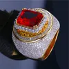 Hip Hop Gold Ploated Rings for Man Cubic Zirconia Red Gem Hiphop Ring Mens Fashion Jewelry4174269