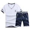 Fashion-Summer Casual Tracksuit Cotton Made Men Short Suit V-Neck T Shirt With Short Pants 2 Pcs Set Beach Holiday Tracksuits