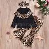 Baby Girls Designer Outfits Leopard Ruffle Long Sleeves Top+Leopard Print Flare Pants+ Headband 3pcs/set Fashion Kids Clothing Sets DA237