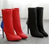 Rödblå Patchwork Stretch Tyg Sock Stövlar Kvinnor Sexiga Pekade Toe High Heel Women Boots Ankel Boots