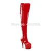 KALMALL Nero Bianco Rosso Pelle Verniciata Sexy Fetish Tacchi Esotici Pole Dancer Stripper Scarpe Zip Strappy Piattaforma Stivali Alti alla Coscia