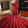 2020 Lindo Vermelho Uma Ombro Sereia Sereia Vestidos De Noite Ruched Lantejoulas Ruffle Sweep Train Prom Vestidos Feitos Personalizados Dress