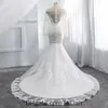 2020 Meerjungfrau Brautkleid Lange Ärmel Backless Hochzeit Gewachsene Kristall Peals Marienneis Kleid Maßgeweihte Oan-Nackenkleid Für Hochzeit