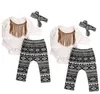 Baby Kläder Tjejer Grid Tassel Passar Kids Polka Dot Blommokläder Satser Mode Boutique T Shirt Rompar Blue Pants Headband Outfits 4905
