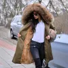 Fursarcar Fashion New Real Fur Parka Kvinnor Lyx Vinter 80 cm Lång kappa med tvättbjörnfur krage och manschett Casual Warm Parka