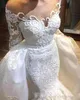 Dubai Arabski Sheer Długie Rękawy Syrenki Suknie Ślubne Koronki Aplikacja Zroszony Plus Size Wedding Suknie ślubne z odłącznym pociągiem Vestidos