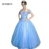 Vestido de 15 Anos Azul Ballkleid aus Schulter schultern Appliques Quinceanera Kleider mit Perlen Long Blue Tüll Mädchen Partykleid