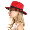 Moda-y Mulheres aba larga Fedora chapéus com Belt Red Preto Patchwork Jazz Homens feltro de lã Cap Chapéu de Panamá Formal Trilby Chapeau para Unisex