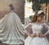 2019 Alta Qualidade Princesa vestido de Baile Vestidos de Casamento Modest Jewel Pescoço Mangas Compridas Pérolas Rendas Árabe Dubai Nupcial Vestidos de Casamento de Luxo