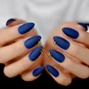 Gold Ring Matte Dark Blue Stiletto Fake Nails Oval Almond Pointed Frosted Full Cover Punk Style Press on False Wear Nail