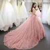 New Hot Sexy Rose Quinceanera Robes Robe De Bal Sheer Cou Dentelle Appliques Perles Sans Manches Doux 16 Corset Retour Longue Robe De Soirée Robes De Bal