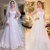 2020 mangas compridas Uma linha vestidos de noiva de alto pescoço lace applique varrer trem personalizado feitos porte ilusão vestido de casamento vestido de novia