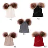 5 kleuren baby gebreide muts dubbele bont bal pom pom mutsen twist haak caps winter warme baby kinderen jongens meisjes cap