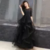 2021 Black Lace Tulle Long Modest Prom Dresses With Half 1/2 Sleeves A-line Floor Length Ruffles Skirt Teens Formal Party Dress