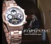 Forsining Marca de moda para hombre Reloj mecánico Oro rosa Tourbillon Fase lunar Fecha Banda de acero Relojes automáticos Relogio masculino259O