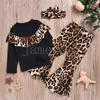 Roupas de grife para meninas, blusa com babados de leopardo e manga comprida + calça flare com estampa de leopardo + faixa para a cabeça 3 pçs/conjunto Conjuntos de roupas para crianças da moda DA237